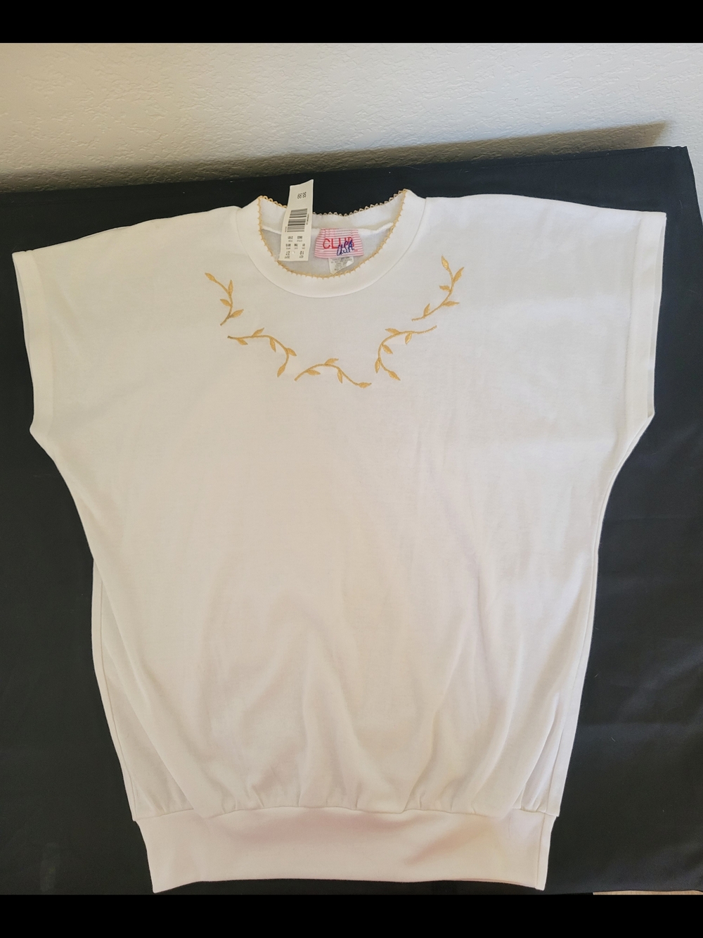 White Short Sleeve Top with Gold Vine Embroidery 80s